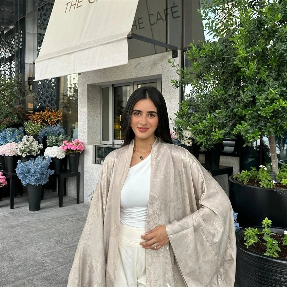 Shiny Satin Open Kimono Abaya 2025 Ramadan Dubai Luxury Muslim Kaftan Dress for Women Islam Clothing Robe Femme Musulmane