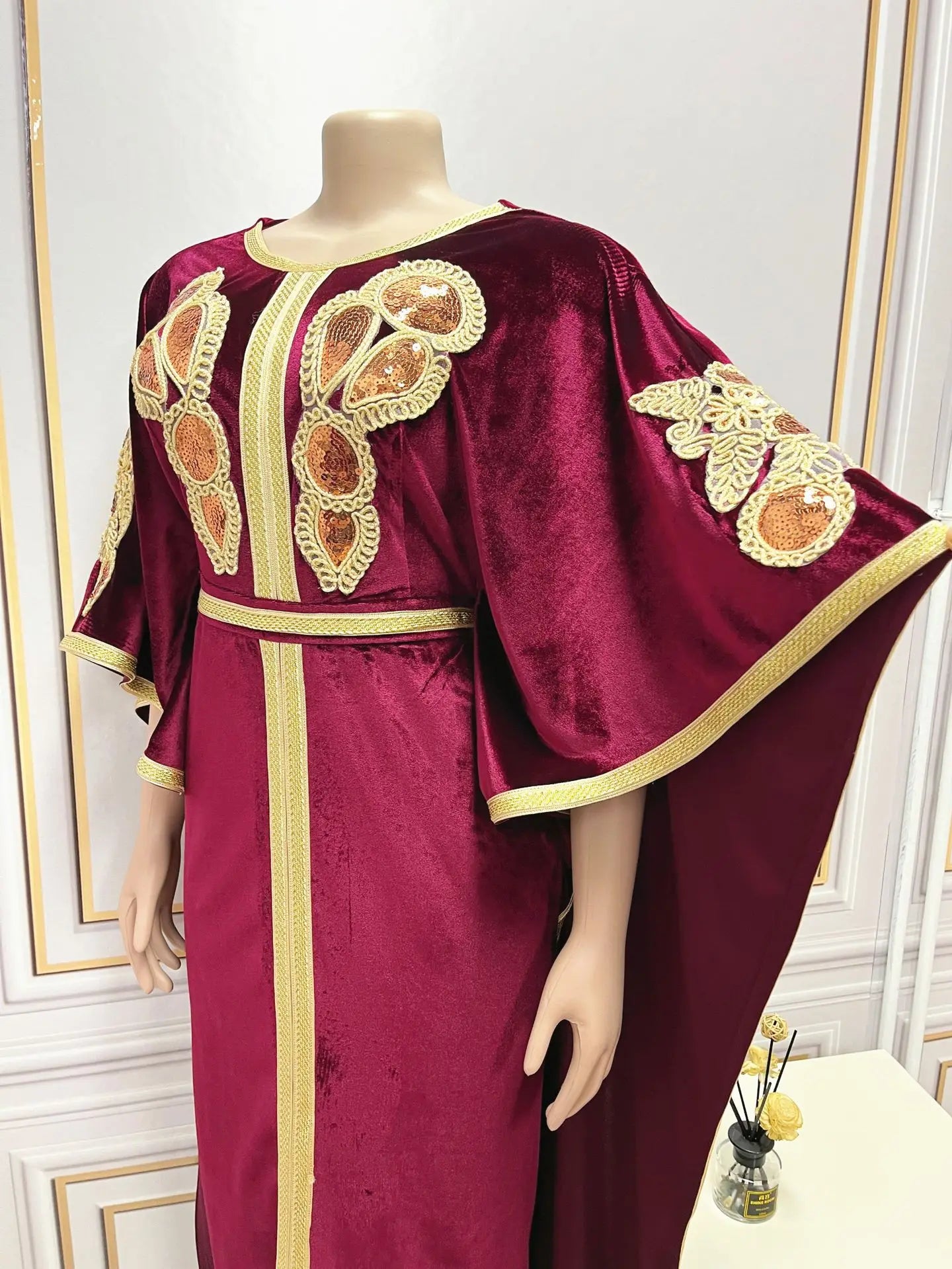 Luxury Velvet Dress with Embroidery Batwing Sleeves, Full-Length Elegance