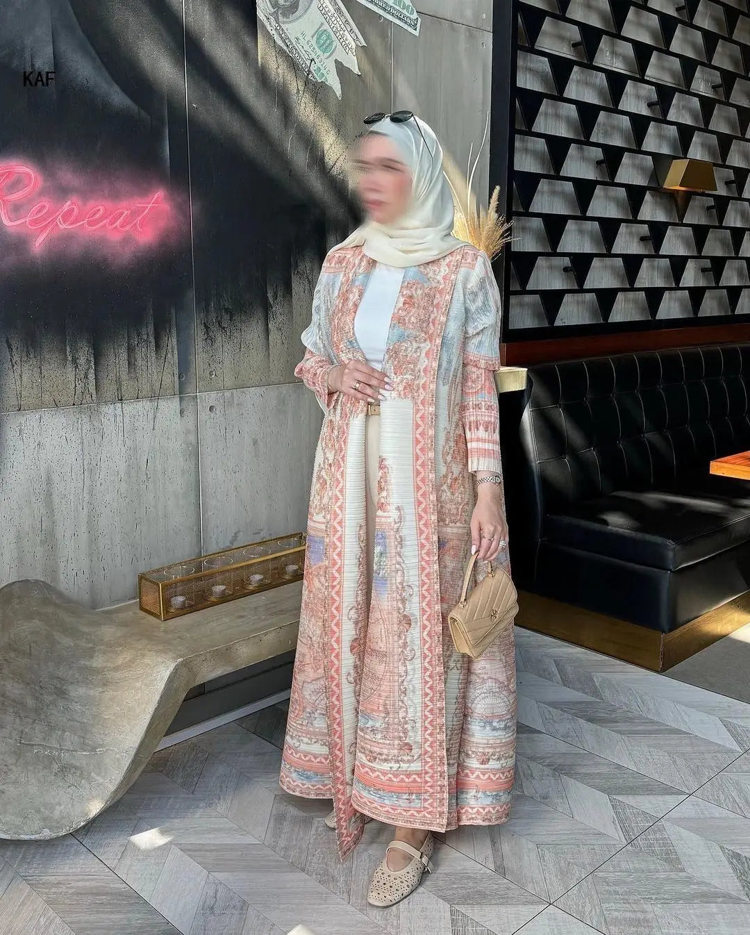 Retro Printed Long Abaya Coat