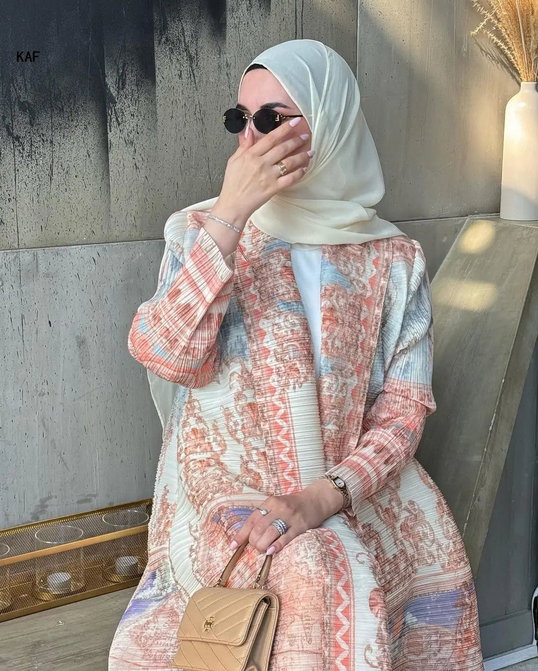 Retro Printed Long Abaya Coat