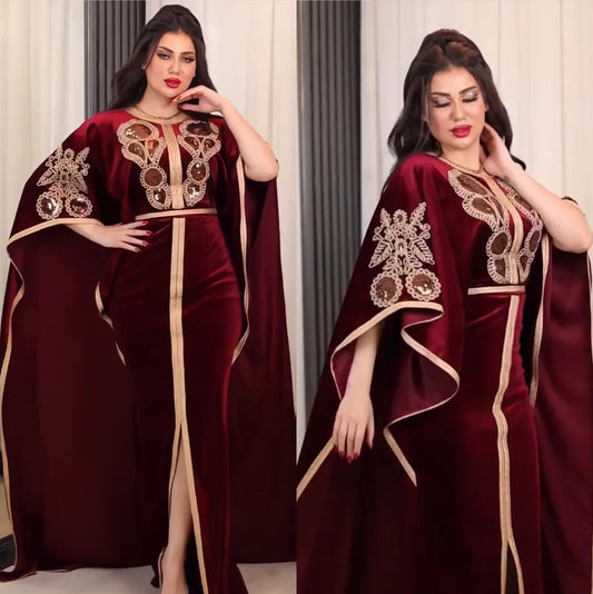Luxury Velvet Dress with Embroidery Batwing Sleeves, Full-Length Elegance