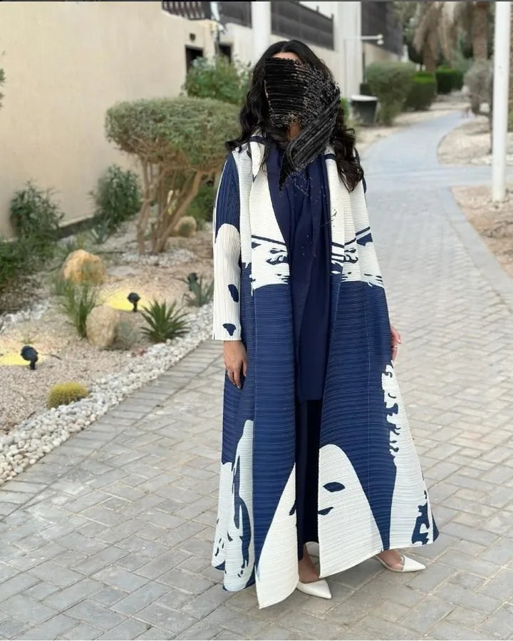 Women's Fold Miyake Pleated Abaya Long Sleeve Print Foldable Collar Robe Cardigan Coat New Winter Fashion Original Design 2024
