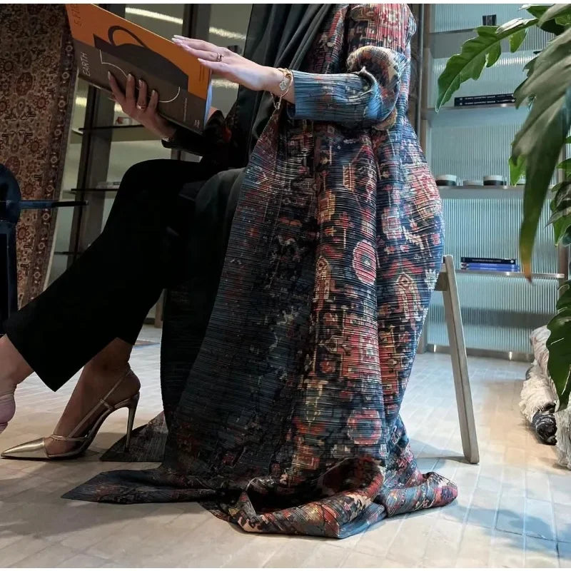 Pleated Muslim Abaya Long Sleeve Folded Neck Plus Size Designer Model Trench Coat Robe 2024 Autumn Winter New