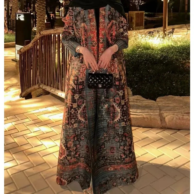 Pleated Muslim Abaya Long Sleeve Folded Neck Plus Size Designer Model Trench Coat Robe 2024 Autumn Winter New