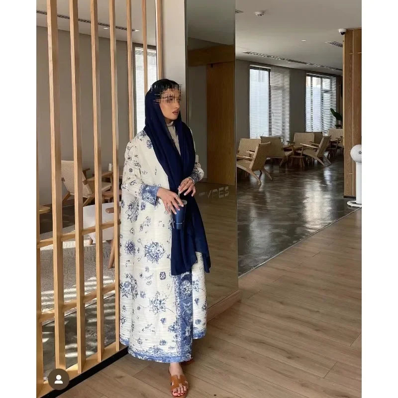 Fashion Saudi Women's Long Gown White Premium Printed Temperament Elegant Pleated Abaya Casual Peplum Holiday Dress Jacket