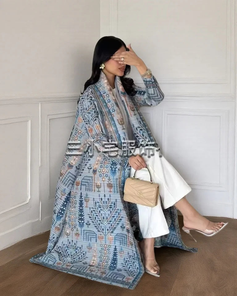 Women's Fold Miyake Pleated Abaya Long Sleeve Print Foldable Collar Robe Cardigan Coat New Winter Fashion Original Design 2024