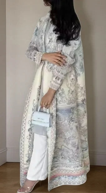 Women's Fold Miyake Pleated Abaya Long Sleeve Print Foldable Collar Robe Cardigan Coat New Winter Fashion Original Design 2024