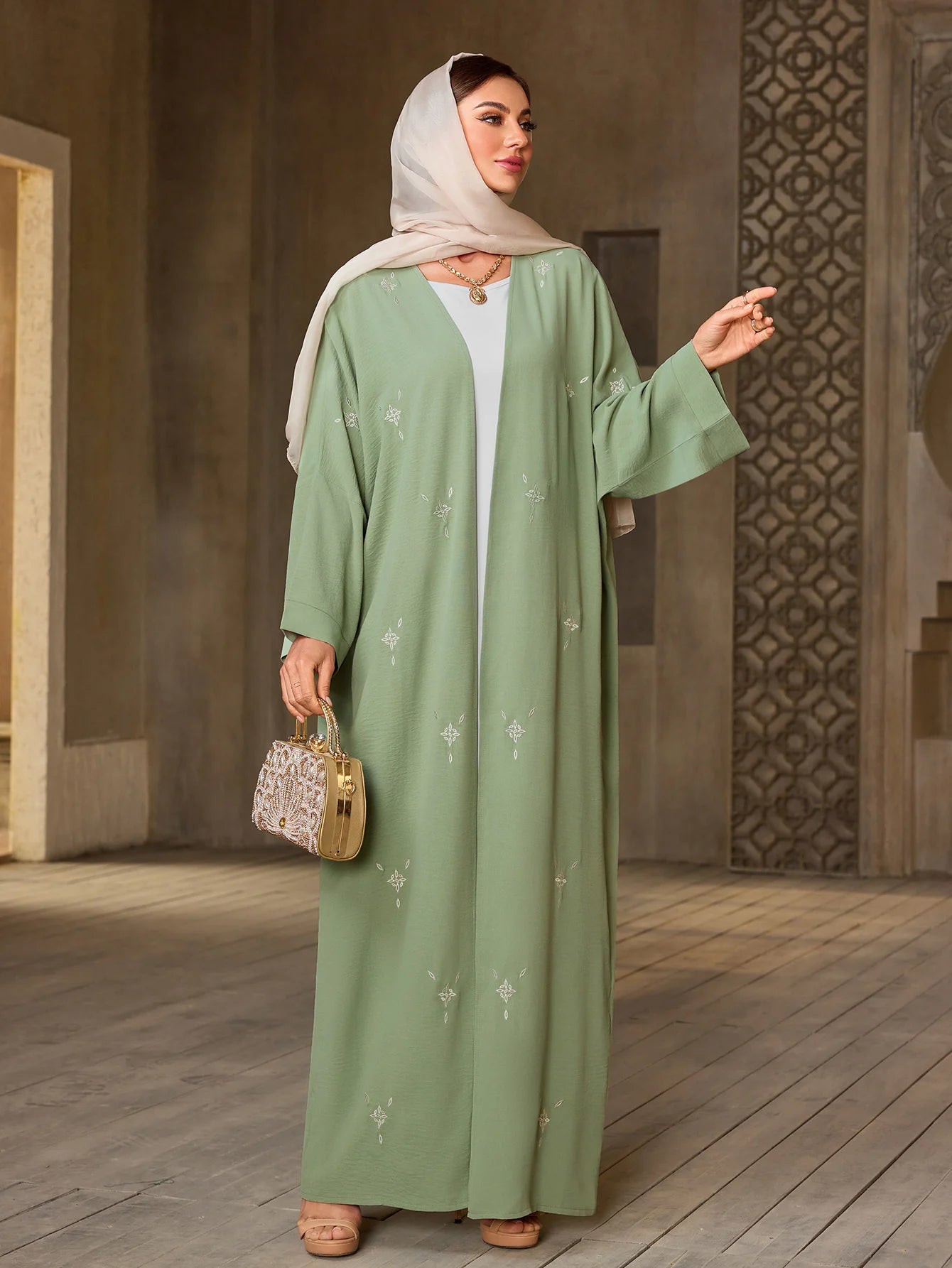 Elegant Light Green Open Abaya with White Embroidery