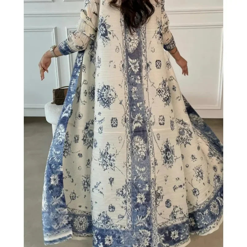 Fashion Saudi Women's Long Gown White Premium Printed Temperament Elegant Pleated Abaya Casual Peplum Holiday Dress Jacket
