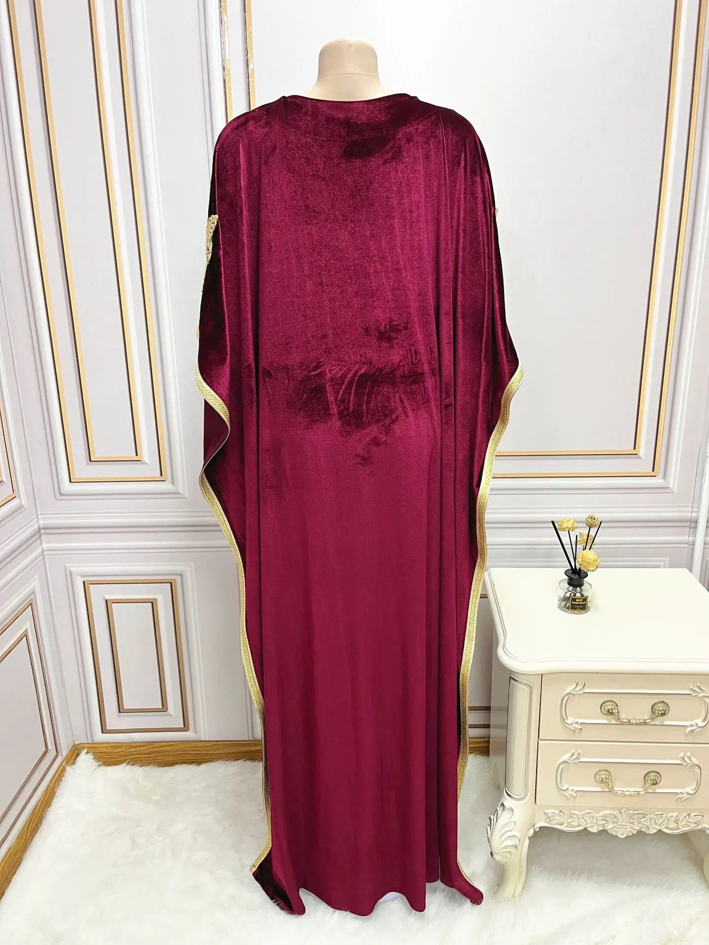 Luxury Velvet Dress with Embroidery Batwing Sleeves, Full-Length Elegance