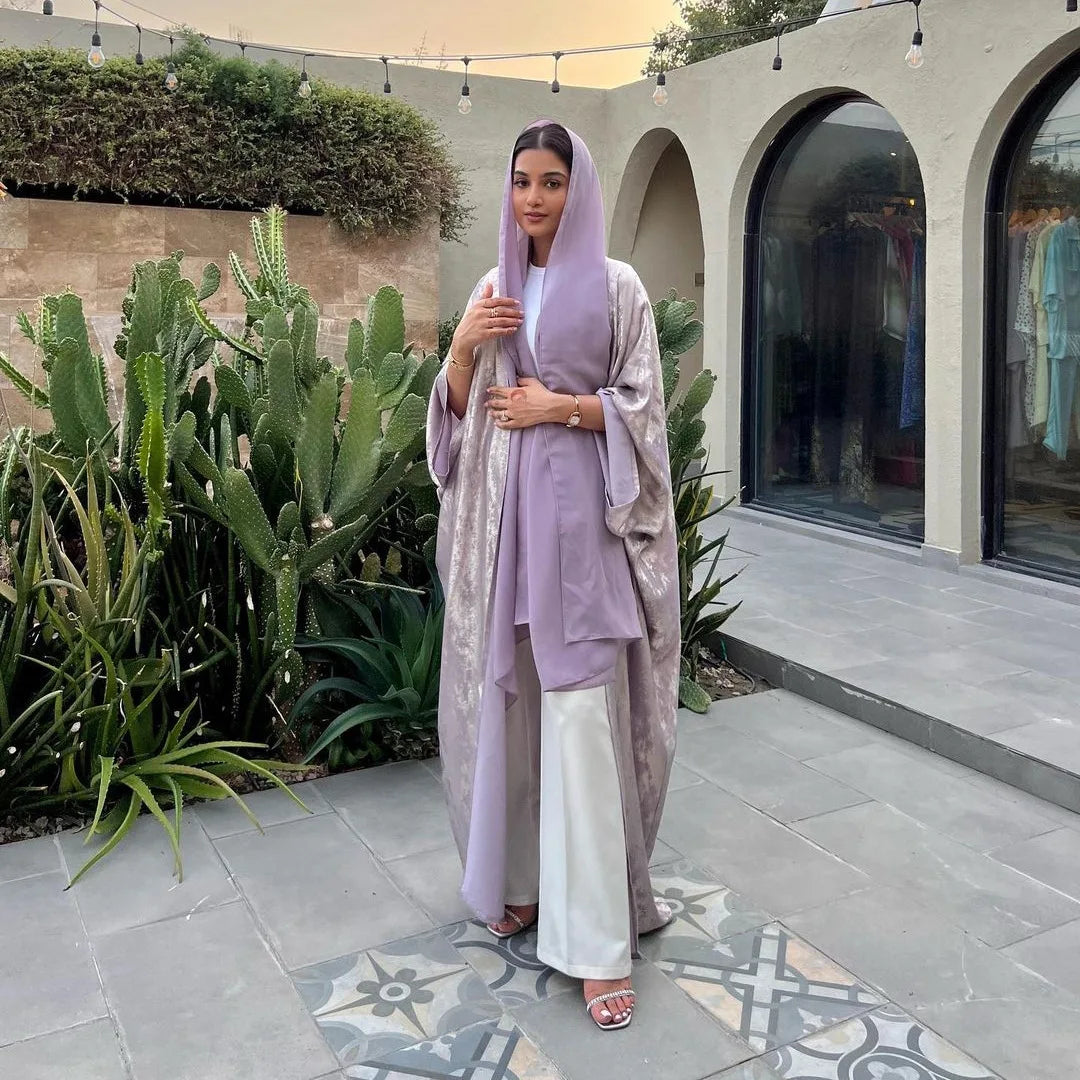 Shiny Satin Open Kimono Abaya 2025 Ramadan Dubai Luxury Muslim Kaftan Dress for Women Islam Clothing Robe Femme Musulmane