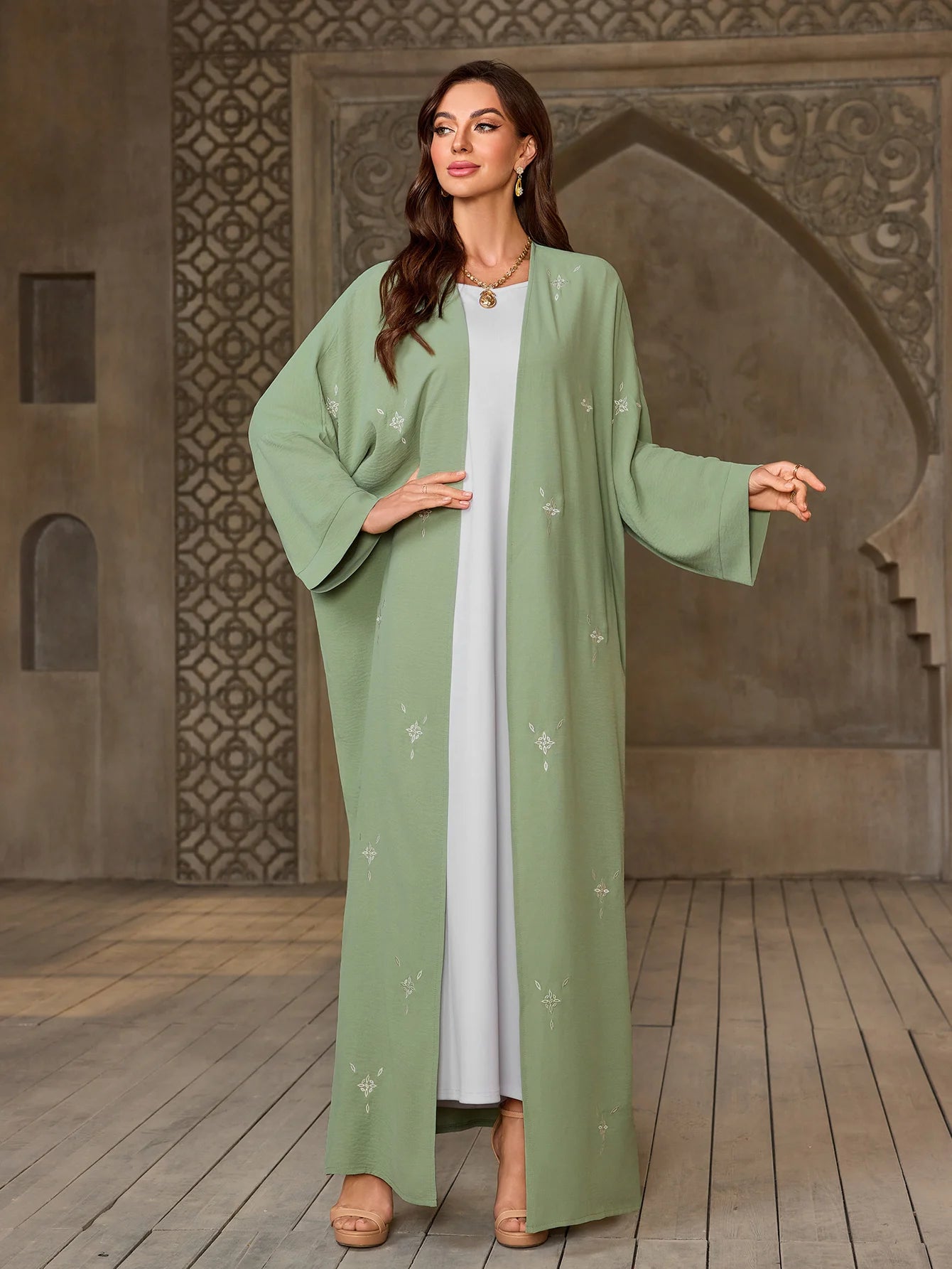 Elegant Light Green Open Abaya with White Embroidery