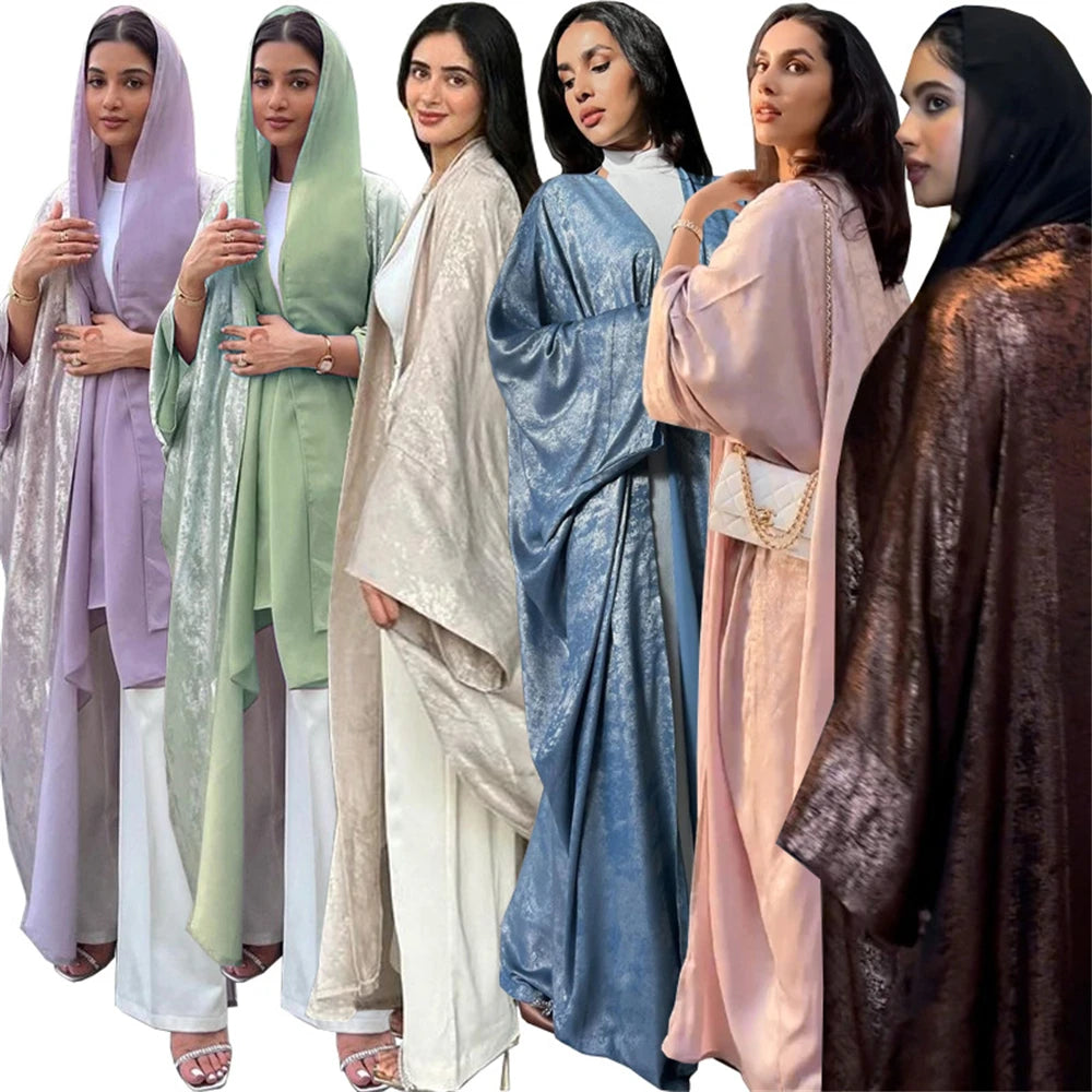 Shiny Satin Open Kimono Abaya 2025 Ramadan Dubai Luxury Muslim Kaftan Dress for Women Islam Clothing Robe Femme Musulmane