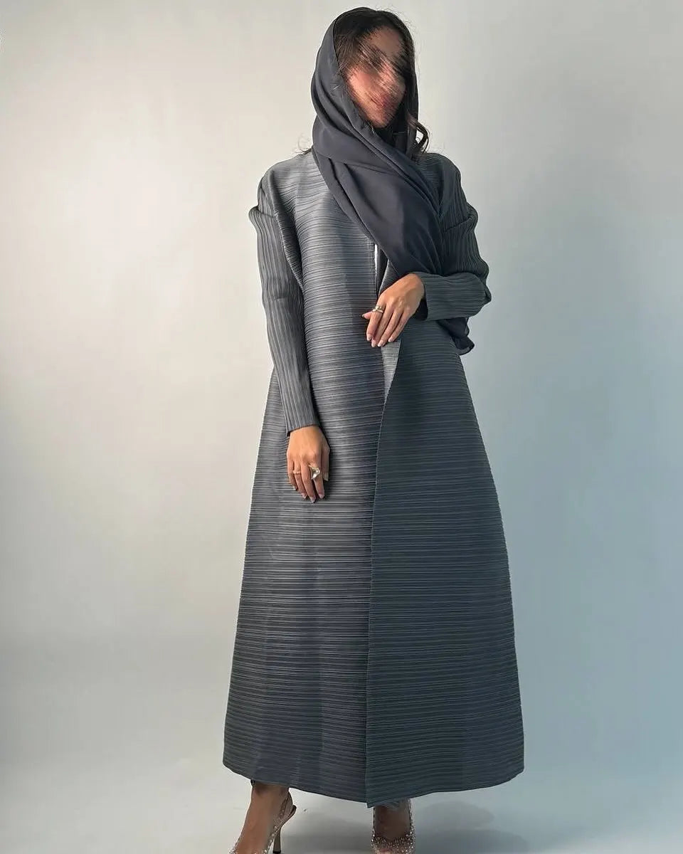 Women's Fold Miyake Pleated Abaya Long Sleeve Print Foldable Collar Robe Cardigan Coat New Winter Fashion Original Design 2024