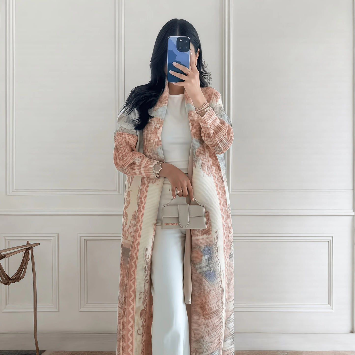 Retro Printed Long Abaya Coat
