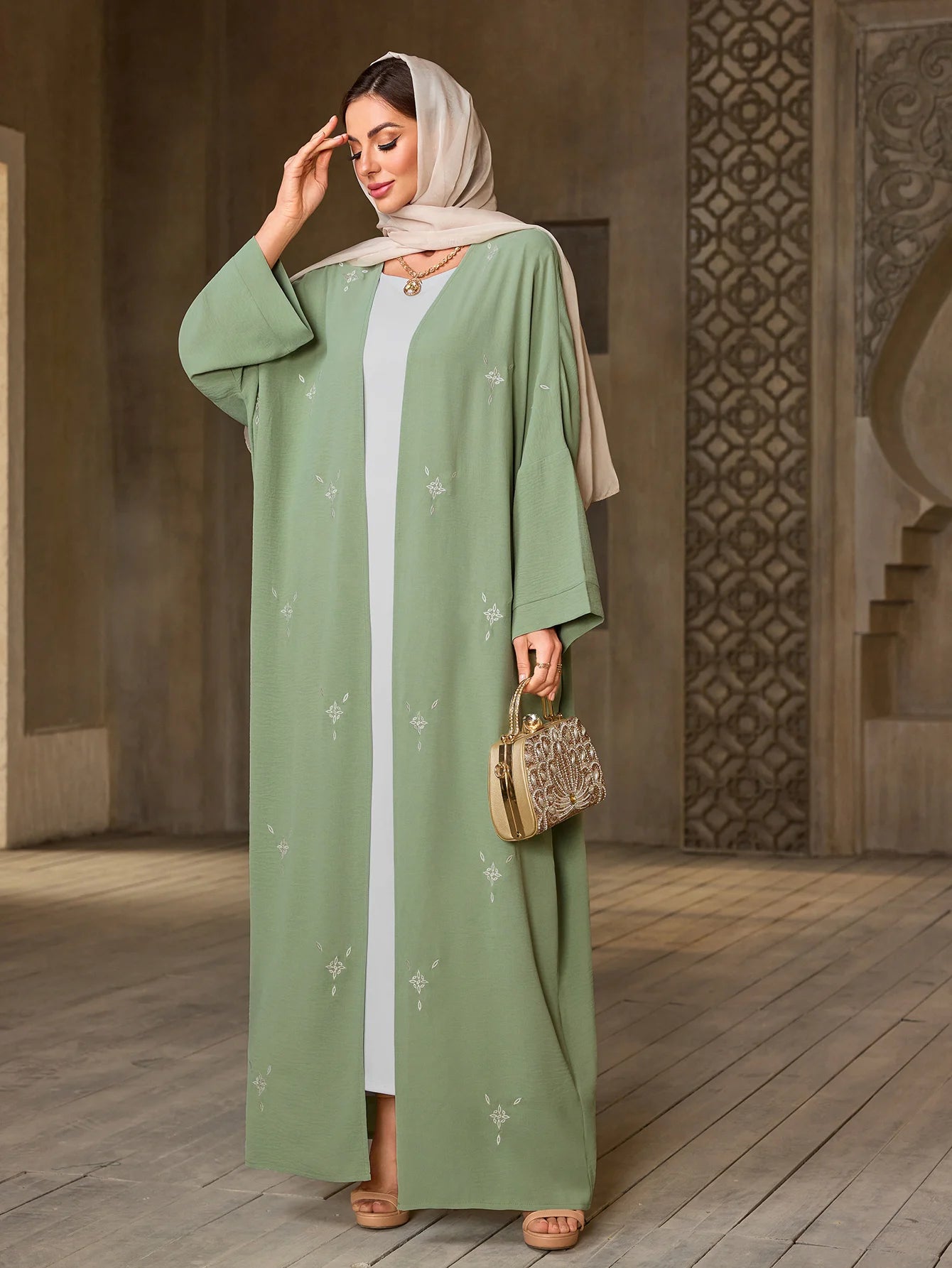 Elegant Light Green Open Abaya with White Embroidery